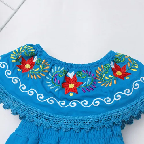 Vista 3 de FYMNSI Vestido mexicano para niñas pequeñas con bordado floral étnico mexicano, vestidos casuales con volantes, vestido de verano para vacaciones