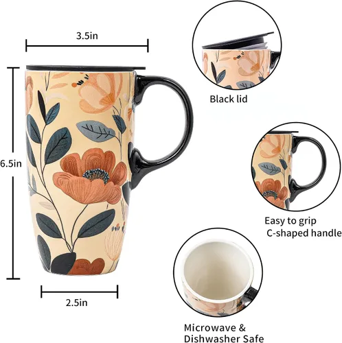 Vista 9 de Topadorn Taza de viaje de cerámica de 17 onzas con tapa y asa, taza de café floral bohemio, taza de porcelana apta para microondas y lavavajillas