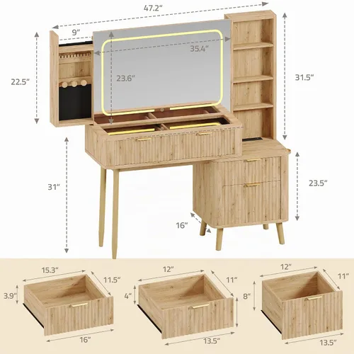 Vista 9 de Tocador de madera de 48 pulgadas con tapa de vidrio transparente, espejo Madera natural