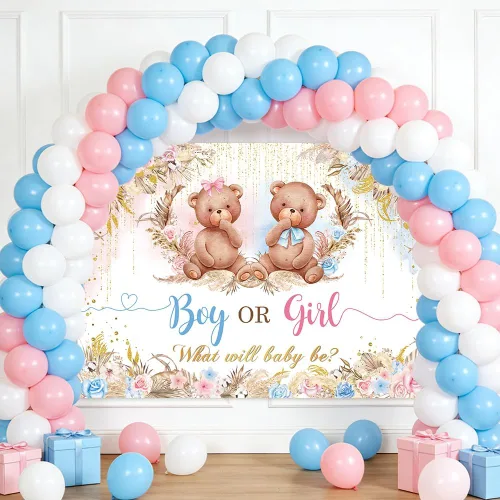 Vista 8 de AIBIIN Pancarta de revelación de género de oso bohemio, telón de fondo para niño o niña, para baby shower, suministros de decoración de fiesta