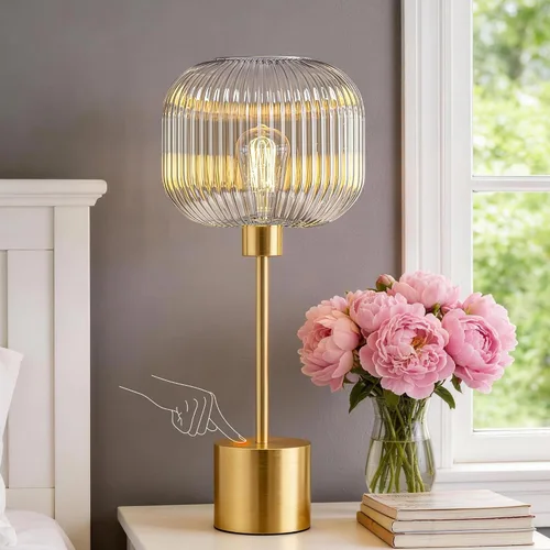 Vista 10 de QiMH - Lámpara de mesa de vidrio para sala de estar, lámpara de mesita moderna con pantalla de vidrio acanalada verde, lámpara de mesita de noche