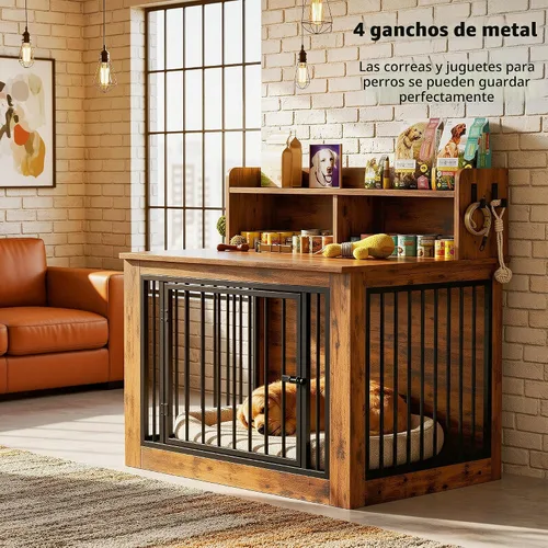 Vista 3 de IRONCK Mueble de jaula extragrande para perros, jaula de madera de 43.3 pulgadas con almacenamiento y 4 ganchos, jaula resistente para perros