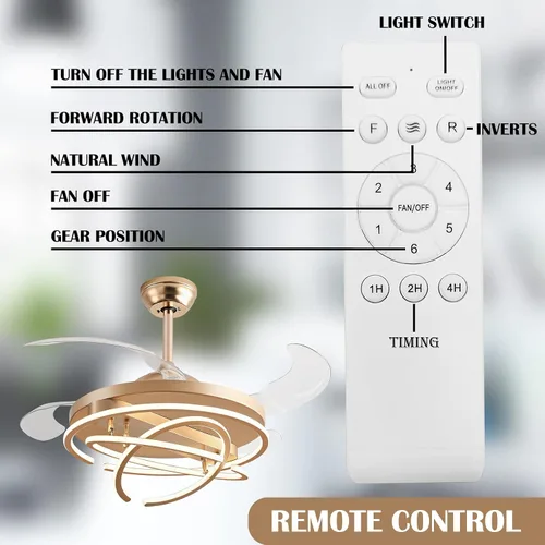 Vista 4 de Ventiladores de techo retráctiles de 42 pulgadas con control remoto de luces, modernos anillos de ventilador de techo LED, ventiladores de techo