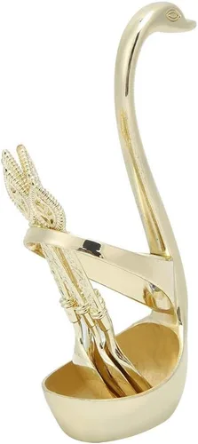 Vista 7 de Juego de cubiertos de cuchara de postre de acero inoxidable elegante para el hogar con soporte en forma de cisne (dorado)