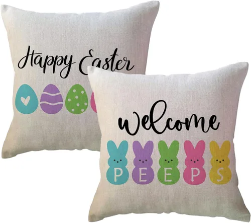 Vista 6 de Fundas de almohada lumbar con texto en inglés «Happy Easter Welcome Peeps», fundas de almohada coloridas de conejo de Pascua, huevos de Pascua