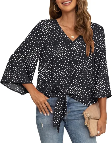 Vista 17 de VIISHOW Blusas de verano para mujer, con botones, cuello en V, de gasa, mangas acampanadas de 3/4, con nudo, casuales 01 Blanco