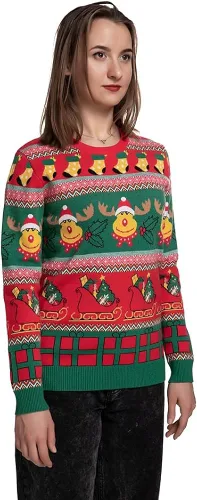 Vista 4 de Fancyqube - Suéter de Navidad para mujer, diseño de renos feos, copos de nieve, cuello redondo, punto de Navidad