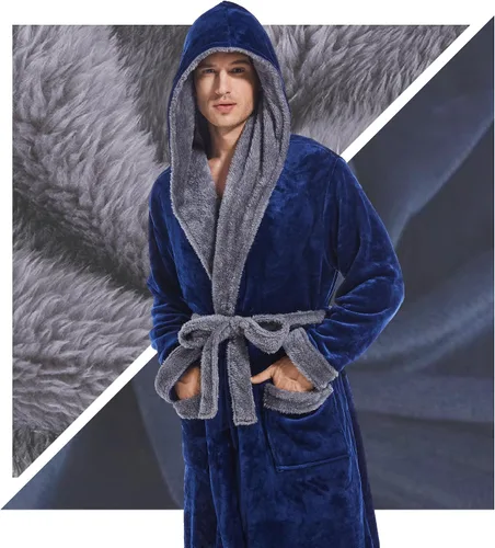 Vista 6 de Bata con capucha para hombre, bata de baño larga de felpa, acogedora y cálida, bata de spa con bolsillos