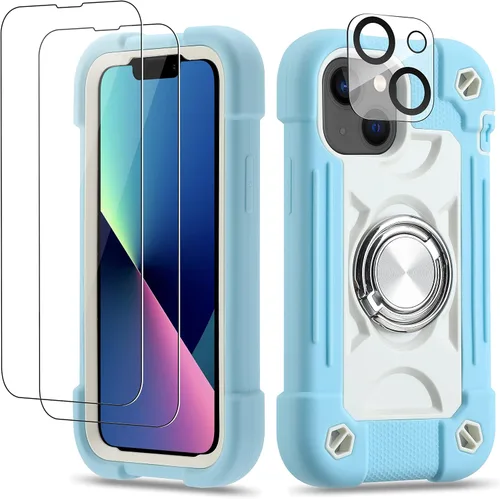 Vista 26 de Funda para iPhone 11 de 6.1 pulgadas con soporte de anillo, con 2 protectores de pantalla de vidrio, resistente a los golpes, resistente a