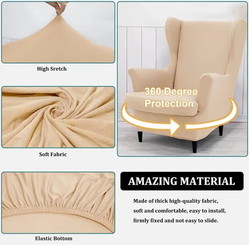 Vista 2 de NILUOH Funda para silla con respaldo de alas de 2 piezas, funda de silla de alas suaves elásticas de color sólido, funda de sillón sofá