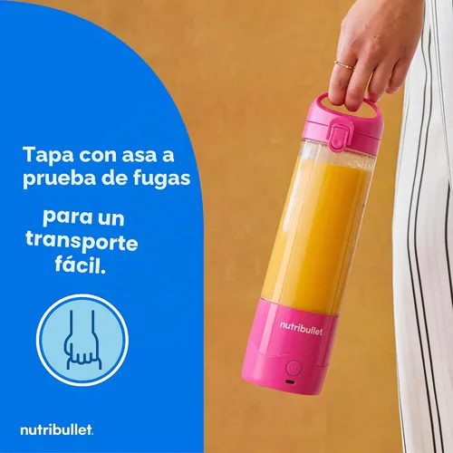 Vista 4 de NutriBullet Licuadora portátil, inalámbrica, recipiente de 20oz, licuadora personal, recargable por USB-C, rosa brillante, NBPB50100BP