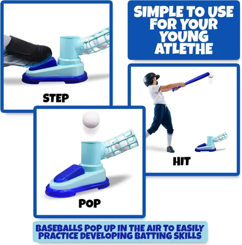 Vista 4 de ArtCreativity Máquina de lanzamiento de béisbol para niños, juguete de lanzar para niños con bate plegable + 3 pelotas de béisbol, entrenador