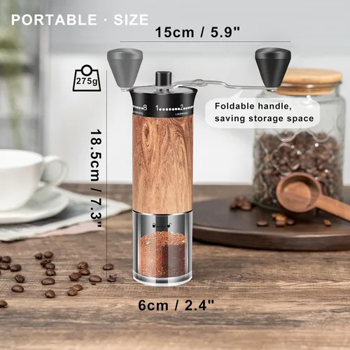 Vista 4 de Molinillo de café manual con 56 ajustes precisos de molienda externamente ajustable, mango largo plegable, cuerpo de grano de madera y rebabas