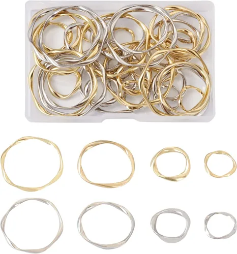 Vista 26 de FASHEWELRY 35 anillos de acero inoxidable con eslabones de corazón, 4 tamaños, diseño de corazón dorado, bisel abierto, conectores para colgar