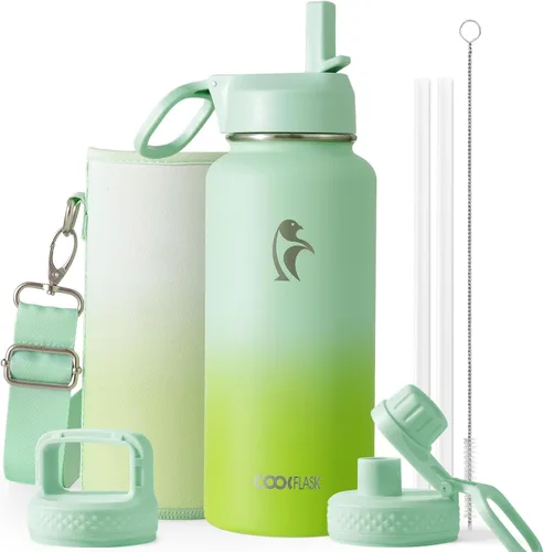 Vista 82 de Coolflask Botella de agua de 24 onzas aislada con pajilla, 3 tapas de metal de acero inoxidable, botella de agua de boca ancha para deportes u