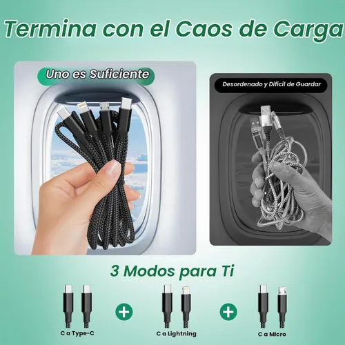 Vista 5 de Travel Vacation Essentials Cable de Carga Múltiple USB C, Paquete de 2 Cables de Carga 3 en 1 de Nailon de 4 Pies para Múltiples Dispositivos