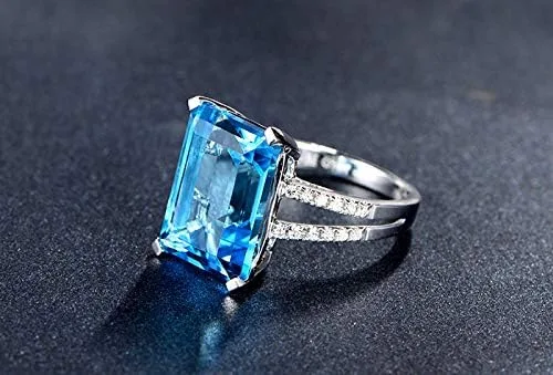 Vista 4 de Anillo de compromiso con topacio y zafiro, de plata 925, rectángulo, corte perfecto, anillo de compromiso solitario, anillo de compromiso