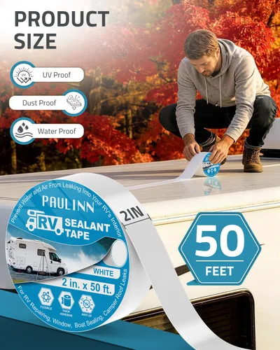 Vista 2 de PAULINN Cinta selladora de reparación de techos de autocaravana, 2 pulgadas x 50 pies, color blanco natural, cinta de sellado de goma para techo
