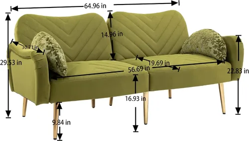 Vista 2 de HomSof Sofá moderno de dos plazas verde oliva para sala de estar con pies de metal y 2 almohadas