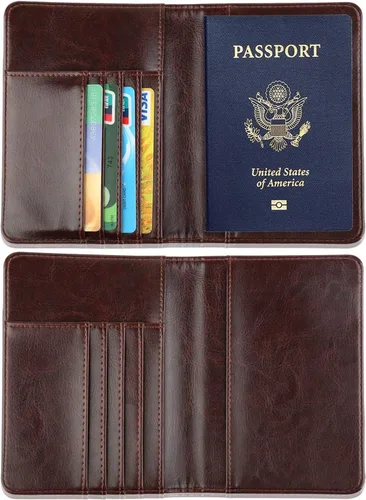 Vista 3 de Portapasaportes de piel, con bloqueo RFID, ideal para documentos de viaje, Coffee), B072QC2GSM