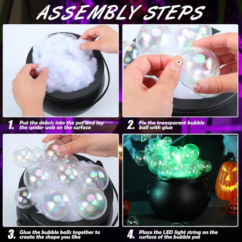 Vista 6 de Jenaai Juego de 96 calderos burbujeantes de Halloween con 40 adornos de bola, 2 tiras de luces de 0.71 oz, 2 arañas falsas, 50 puntos adhesivos