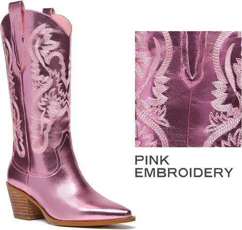 Vista 3 de GOSERCE Botas vaqueras para mujer Botas vaqueras metálicas de media pantorrilla con bordado, brillantes, estilo occidental, de pantorrilla ancha