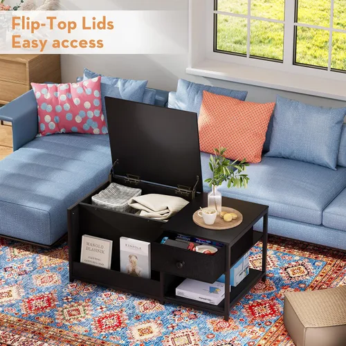 Vista 6 de SINPAID Mesa de centro con almacenamiento, mesas de centro rectangulares para sala de estar, mesa de centro moderna con compartimento de Negro