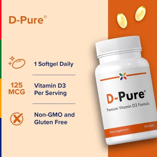 Vista 3 de Stop Aging Now - Cápsulas blandas de suplemento de vitamina D3 D-Pure (5000 UI) - 90