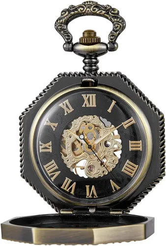 Vista 3 de Bronze Men's Antique Mechanical Pocket Watch, Skeleton Mechanical Roman Numerals Pocket Watch with Chain + Box