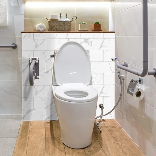 Vista 5 de Azulejos de salpicadero de mármol blanco despegar y pegar para cocina, baño, ducha de RV, azulejo de pared inteligente para salpicadero con veta