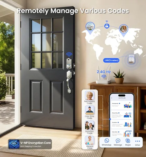 Vista 6 de Veise VE017G - Cerradura de puerta de entrada sin llave Wi-Fi, control remoto de aplicación y control de voz, cerraduras inteligentes de huellas
