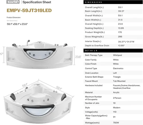 Vista 2 de Empava 59" Corner Whirlpool Tub, Jetted Bathtub for 2 Person