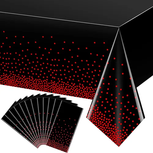 Vista 9 de Paquete de 1 mantel de plástico con puntos rojos y negros, mantel desechable de plástico rectangular de plástico con estampado de puntos rojos