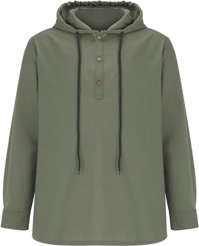 Vista 4 de Camisas de lino para hombre, ligeras, con botones, de manga larga, con capucha, ajuste regular, de algodón, para la playa