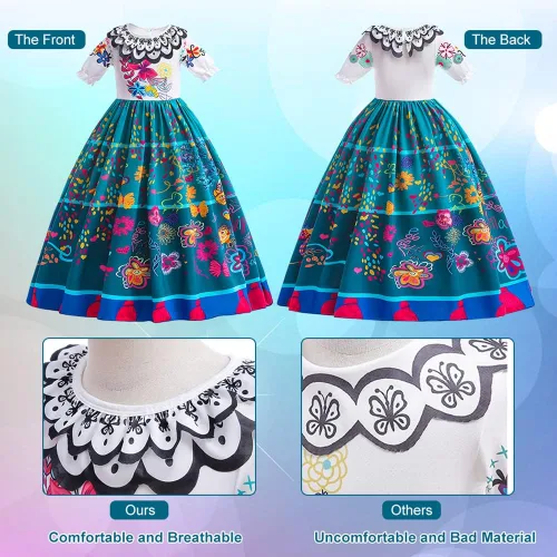 Vista 3 de TOLOYE Vestido de Encanto para niñas, disfraz de Mirabel, princesa Isabella, ropa con accesorios para fiesta de cumpleaños, cosplay