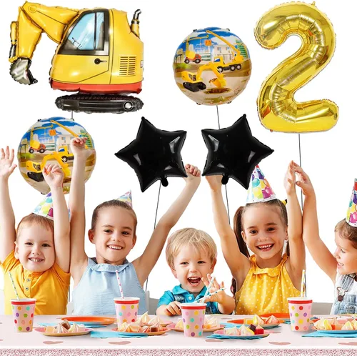Vista 2 de Globos de construcción para fiesta de 2º cumpleaños, globos de construcción para decoración de cumpleaños de 2 años, globo de aluminio de excavadora
