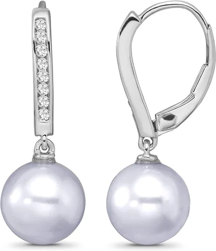 Vista 3 de Aretes colgantes de oro blanco de 10 quilates y perlas cultivadas de agua dulce de 0.354in (16 cttw, color I-J, claridad I2-I3), Metal Piedra