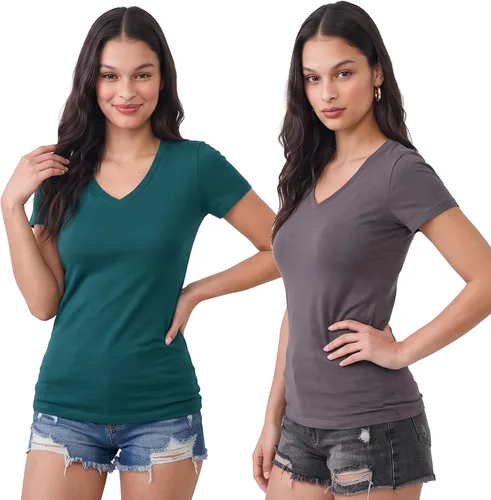Vista 101 de Emmalise Camiseta de manga corta para mujer, cuello en V, tallas junior y plus