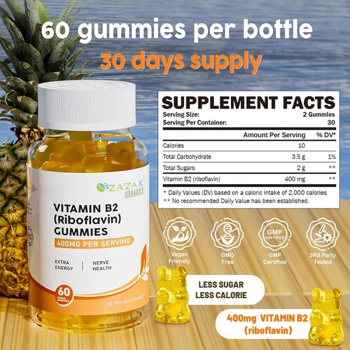 Vista 2 de ZA'ZA K ORGANICS Gomitas de vitamina B2 – Riboflavina 400 mg para niños y adultos, suplementos de vitamina B2 esenciales veganos, apoyo energético
