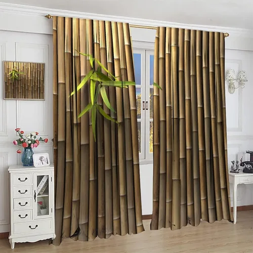 Vista 4 de Cortinas de bambú 3D impresas para exteriores, cortinas de bambú natural japonés zen, sala de estar, cocina, bolsillo para barra, cortinas