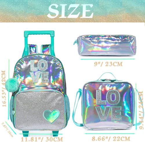 Vista 15 de Mochila con ruedas para niñas, mochila escolar con ruedas, bolsa escolar con bolsa de almuerzo y bolsa para lápices, mochila con ruedas para niños