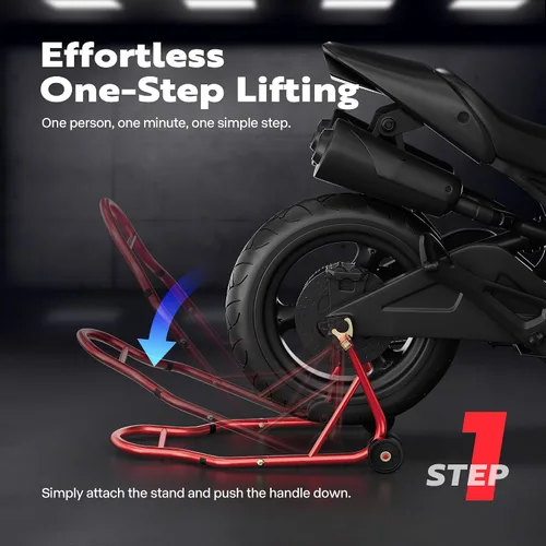 Vista 5 de SPECSTAR Soporte para motocicleta, capacidad de 441 libras, elevador de rueda trasera con bobina giratoria ajustable U+L, soporte resistente