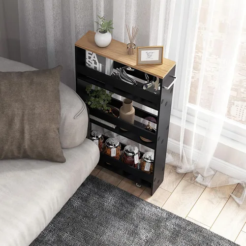Vista 7 de COSTWAY Carrito de almacenamiento delgado y rodante, carrito utilitario rodante de 4 niveles, carrito de almacenamiento de cocina de madera con asa