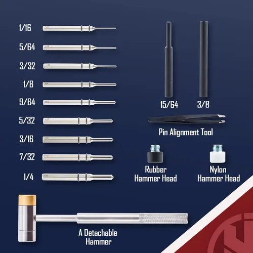 Vista 4 de KNINE OUTDOORS Herramienta de 18 piezas de punzón de pasador que incluye perforador de acero y martillo con bloque de banco ideal para mantenimiento