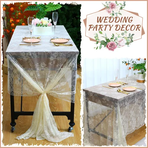 Vista 3 de Chumia Mantel rectangular de encaje de 60 x 120 pulgadas, mantel rústico superpuesto con rosa bordado vintage para boda, recepción, fiesta