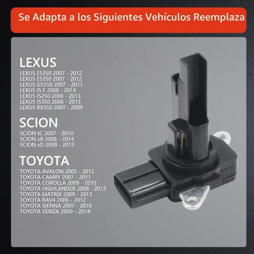 Vista 4 de Sensor de flujo de masa de aire MAF Compatible con Lexus ES350 2007-2012; Toyota Avalon 2005-2012; Camry 2007-2011; Highlander 2008-2013; Sienna