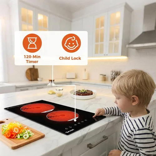 Vista 6 de Placa eléctrica de 2 quemadores, estufa de cerámica integrada de 12 pulgadas, estufa eléctrica de 120 V con bloqueo para niños, temporizador