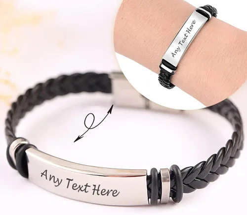 Vista 3 de Personalized Mens Bracelet Leather Engraved Bracelet Gift for Boyfriend Him Husband Dad Best man Customized Gifts Christmas Birthday Wedding