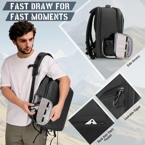 Vista 3 de RAINSMORE Mochila para cámara de carcasa dura para DSLR/SLR, bolsa impermeable para cámara con compartimento para laptop de 15.6 pulgadas, estuche