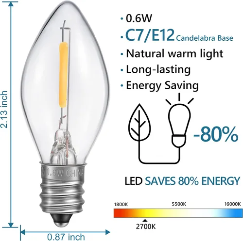 Vista 2 de Cable accesorio de luz de pueblo navideño con 6 bombillas LED, lámpara LED C7 de 11.5 pies con doble fusible y enchufes de interruptor